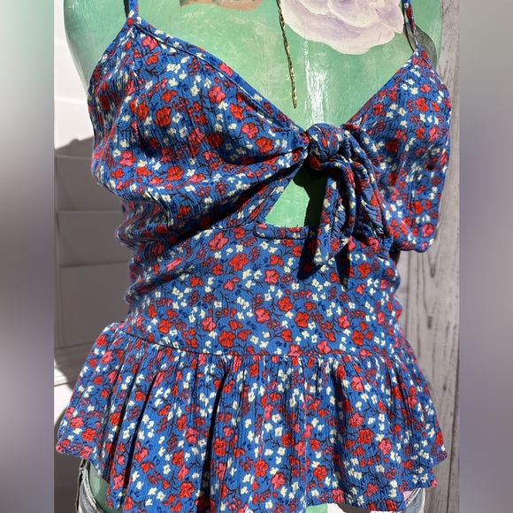 Patrons of Peace BlueKeyhole Cut Out Ruffle Tank Top, Small - Picture 2 of 5